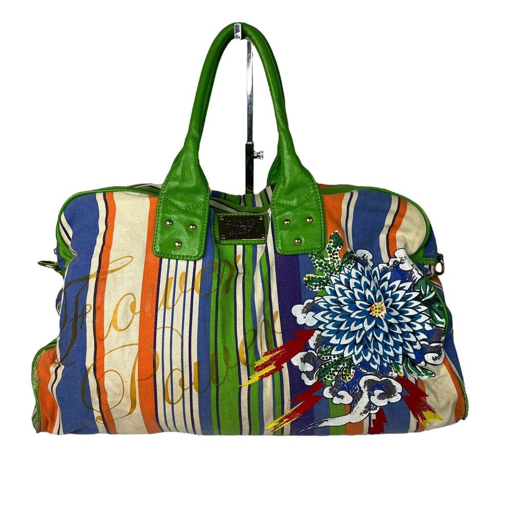 Don Ed Hardy VTG Y2K Flower Power Satchel Handbag Purse Bling Logo Striped Large